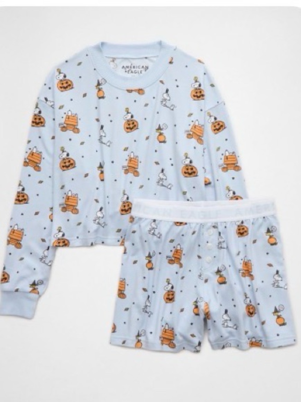 American Eagle Outfitters Womens Light Blue Snoopy Pumpkin Pajama Set